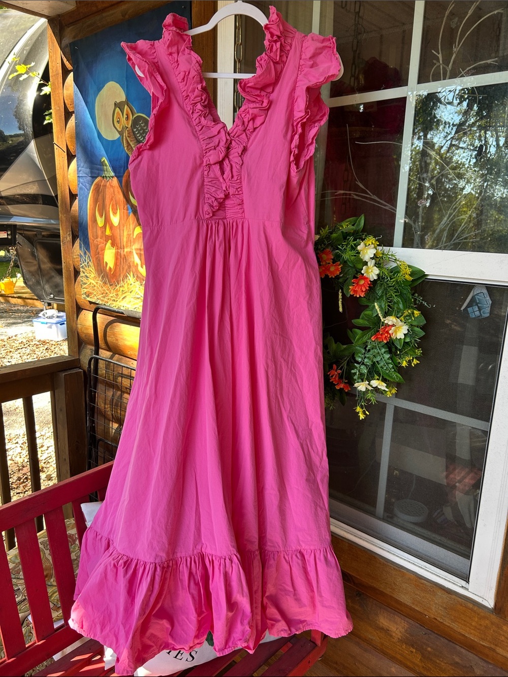 Ruffled V-Neck Maxi Dress in Bright Pink